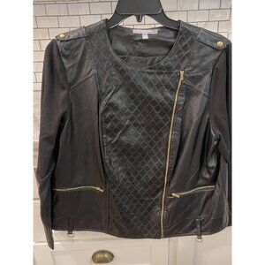 NY Collection Jacket Womens 2X Black Faux Leather Quilted Moto Biker Zip Utility